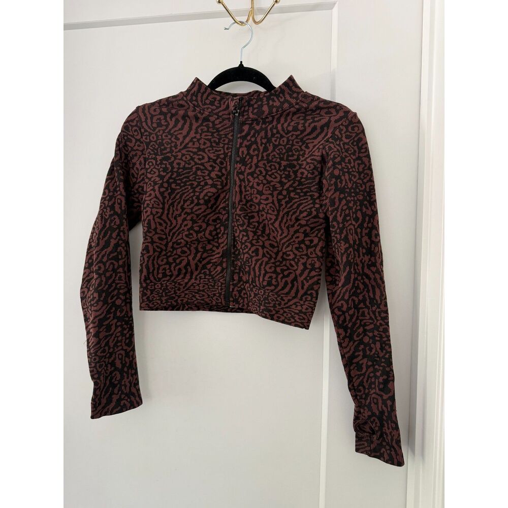 Burgundy Leopard Print Seamless Cropped Zip Jacket